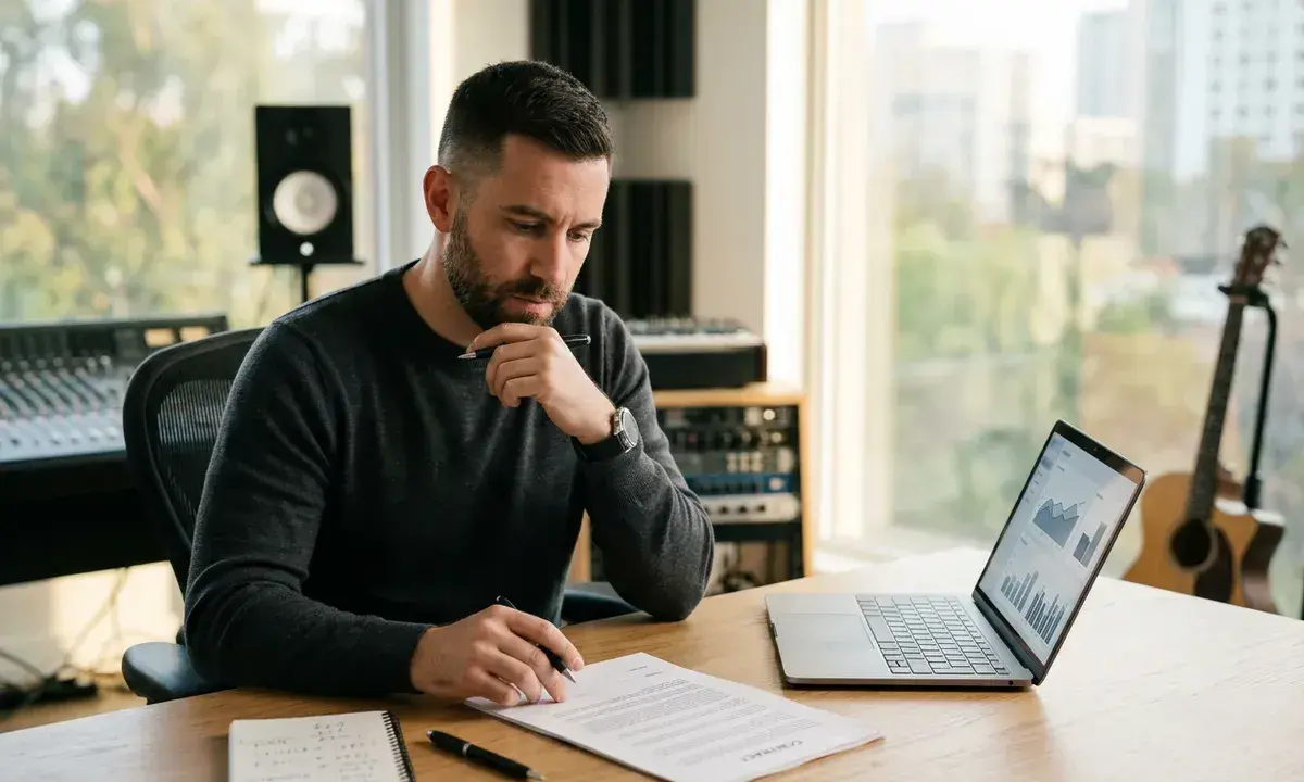Un homme réfléchit à un contrat, entouré d'équipements de studio et d'une guitare. Il prépare le dossier de presse de son groupe de musique.
