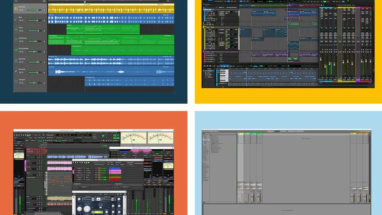 Quatre interfaces de logiciels de production musicale, dont GarageBand, Pro Tools, et Ableton Live. Idéal pour un daw gratuit pour débutant.