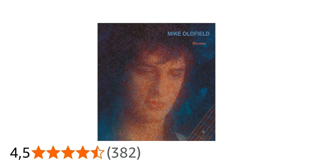 Couverture de l'album "Discovery" de Mike Oldfield, avec un portrait abstrait et des étoiles de notation.