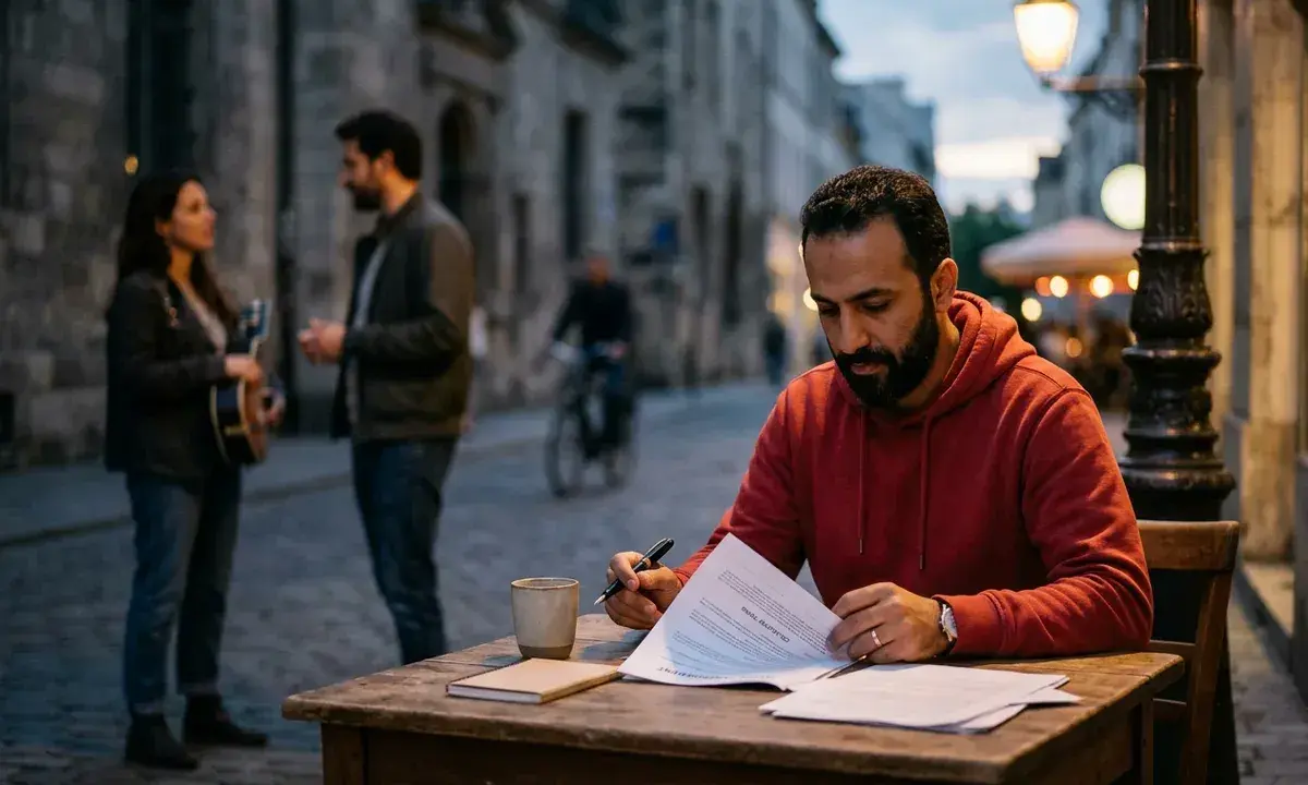 Un homme signe un contrat de distribution musique à une table en extérieur. Au loin, un couple discute, l'un tenant une guitare.