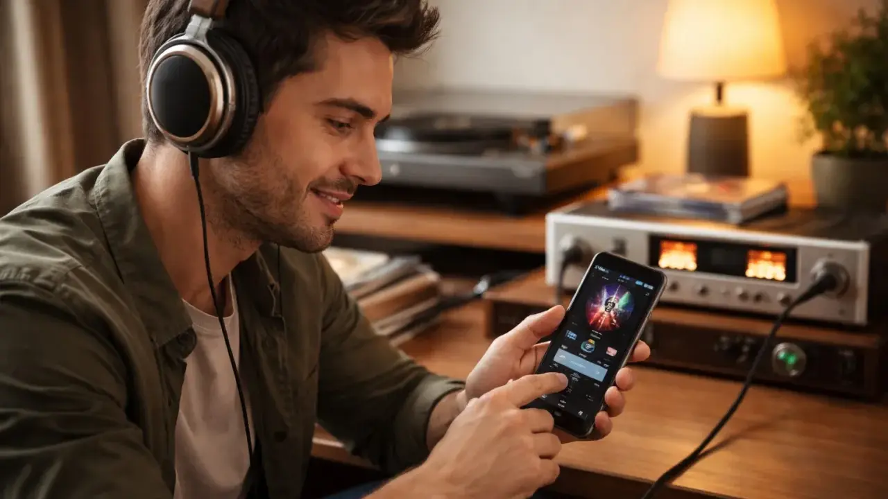 Un homme souriant écoute de la musique avec un casque, naviguant sur son téléphone pour promouvoir sa musique gratuitement.