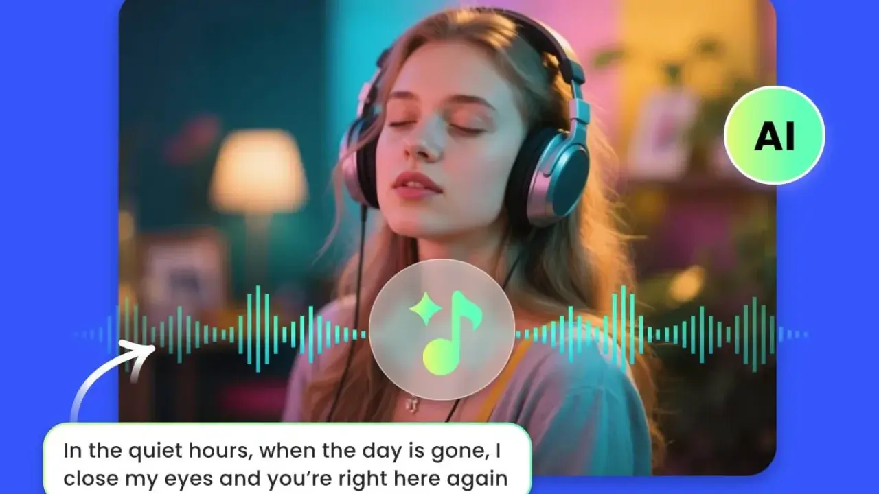 Jeune femme écoutant de la musique avec des écouteurs, symbolisant un générateur de musique IA. Ondes sonores et note de musique stylisée.