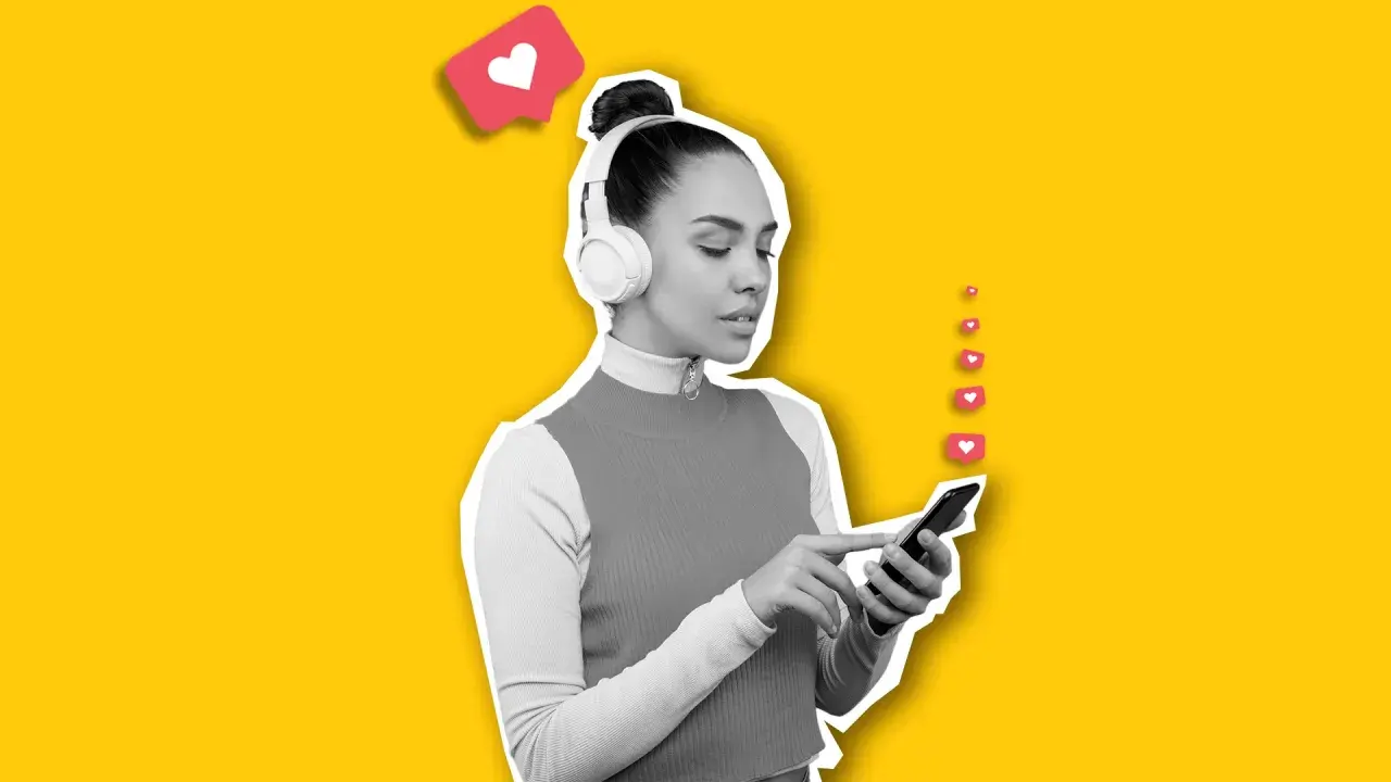 Une jeune influenceuse musique, casque sur les oreilles, navigue sur son téléphone. Des cœurs symbolisant les likes s'envolent.