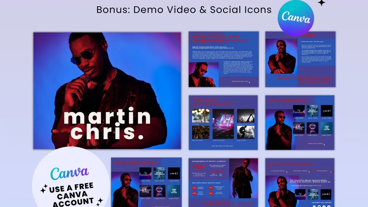 Press kit artiste : Martin Chris, pop star, discographie, performances et statistiques d'audience.