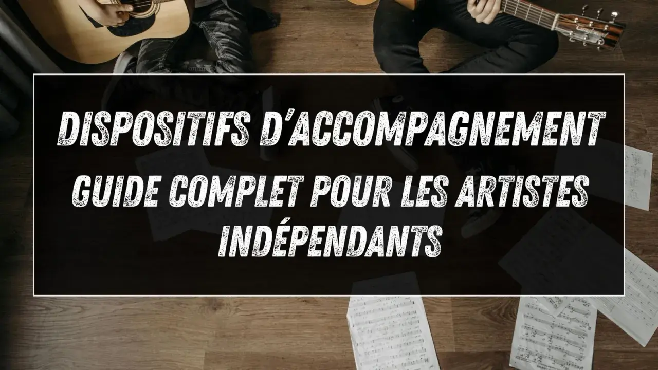 Guide pour les artistes indépendants sur le publishing musique. Des partitions et des guitares suggèrent une carrière musicale.