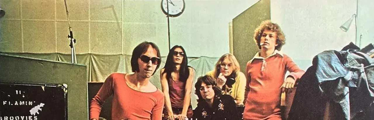 Cinq membres des Flamin' Groovies posent dans un studio. L'un d'eux porte des lunettes de soleil et un t-shirt orange.