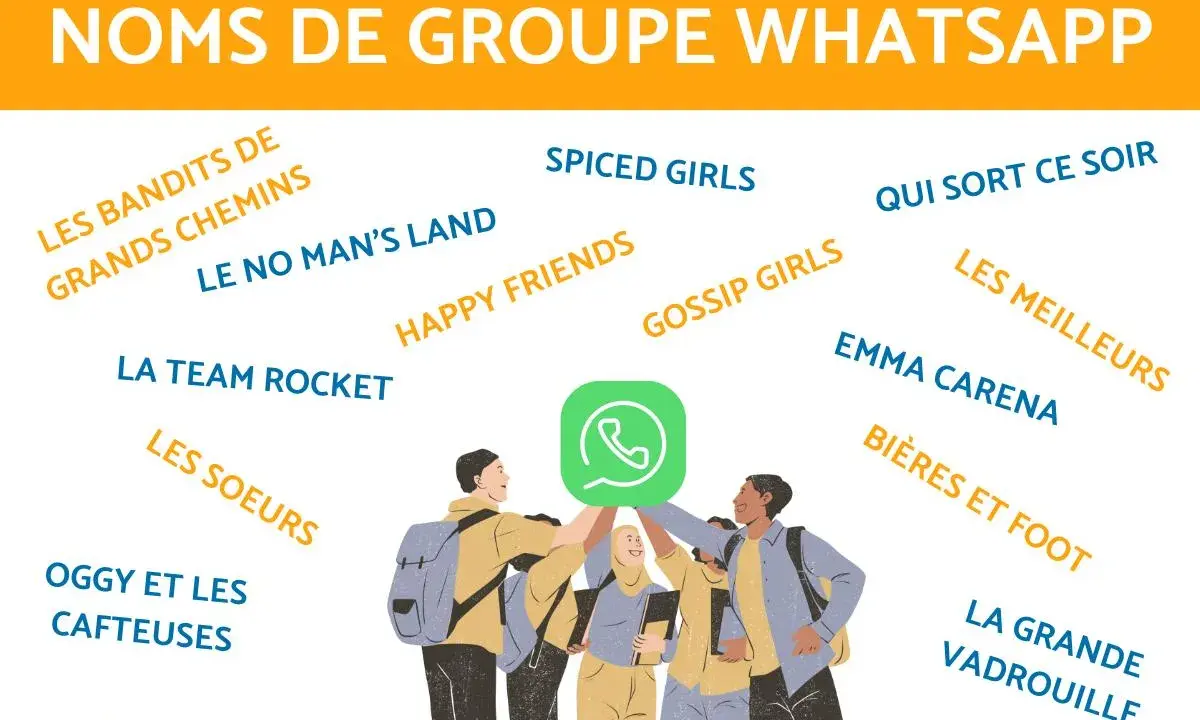 Liste de nom de groupe de musique pour WhatsApp : "Les Bandits de Grands Chemins", "Spiced Girls", "Qui sort ce soir", "La Team Rocket", "Happy Friends", "Gossip Girls", "Les Meilleures", "Emma Carena", "Bières et Foot", "La Grande Vadrouille".