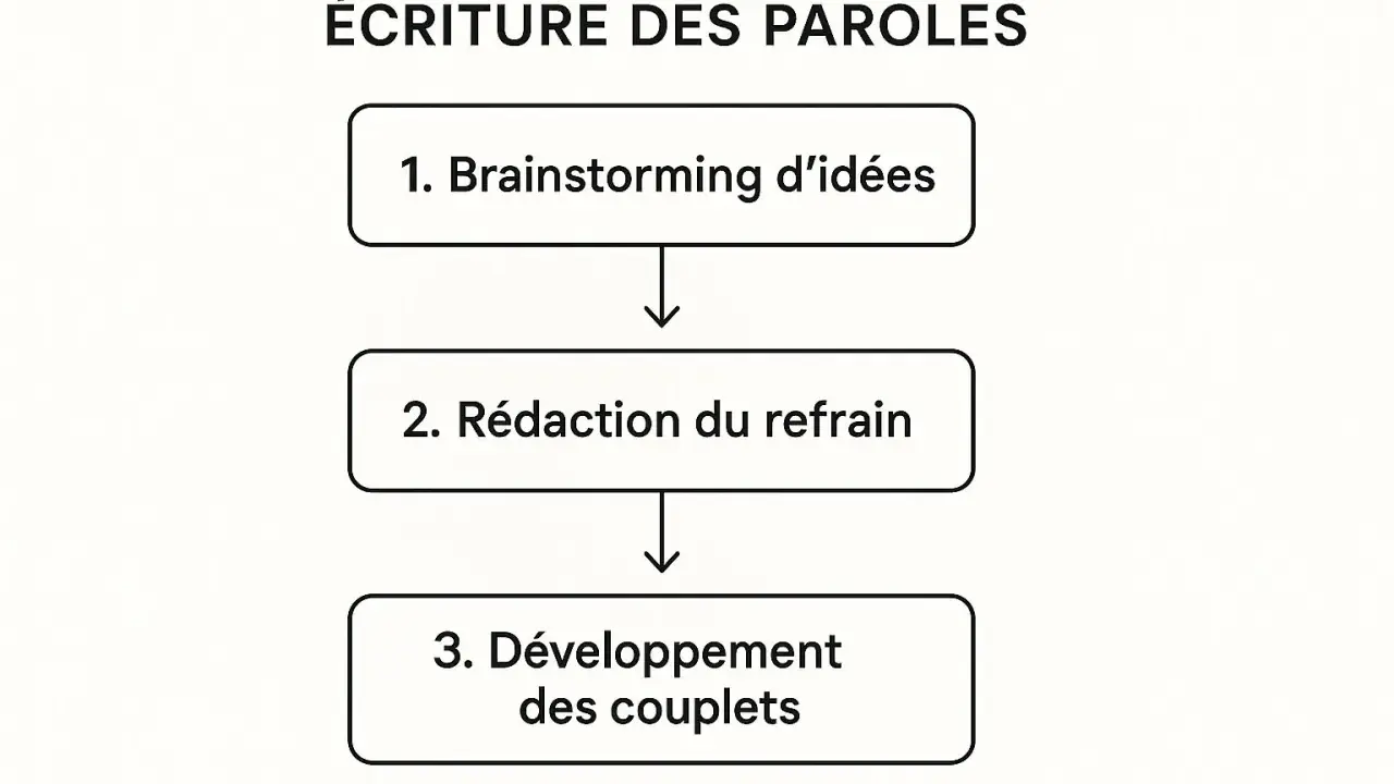 Schéma de l'écriture des paroles : brainstorming d'idées, rédaction du refrain, puis développement des couplets.