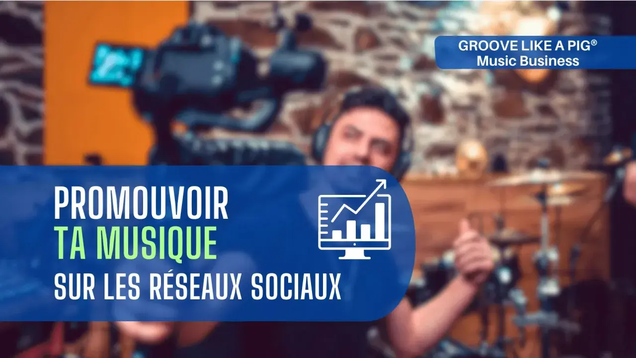 Un musicien utilise un appareil photo pour promouvoir sa musique sur les réseaux sociaux. L'image montre un écran avec un graphique de croissance.