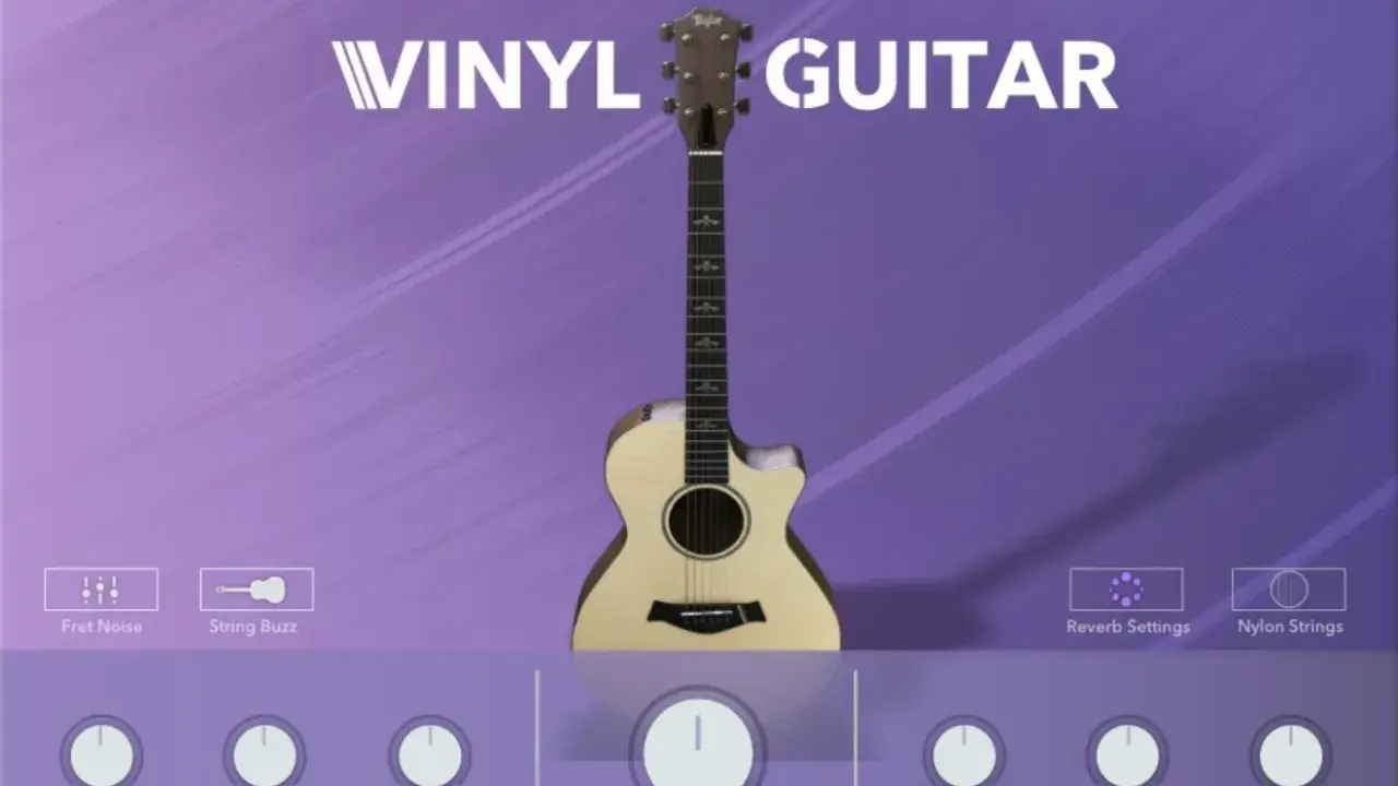 Interface d'un vst guitare gratuit "Vinyl Guitar" avec une guitare acoustique et des contrôles de son.