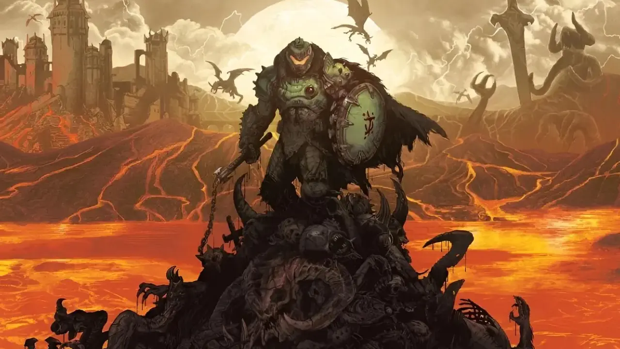 Le guerrier, tel un roi femme, se dresse sur un tas de crânes et de démons, dans un paysage infernal de lave et de ruines.