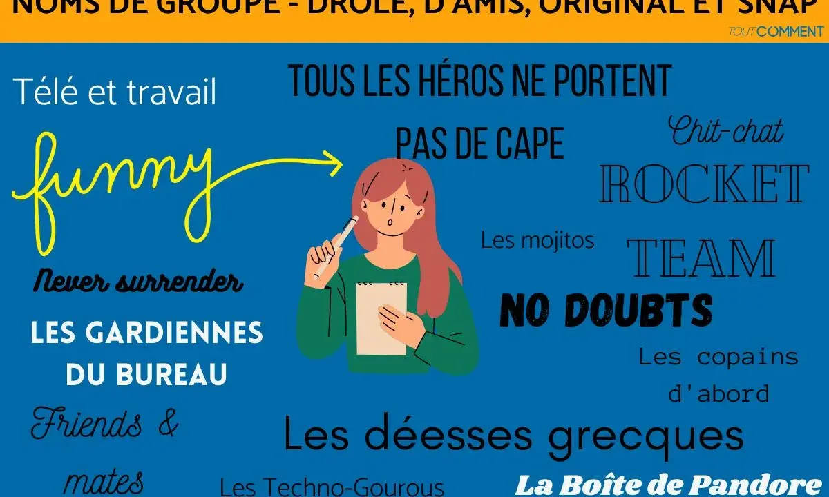 Illustration avec des noms de groupe amusants et originaux comme "funny", "TEAM", "NO DOUBTS". Un nom de groupe pour des amies.