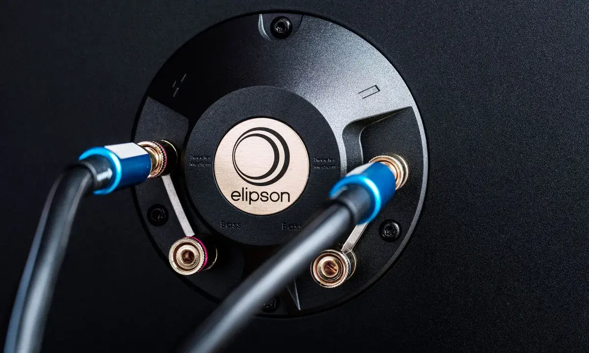 Connexion de câbles audio sur un bornier Elipson. Le montage fiche banane assure une connexion stable pour un son optimal.