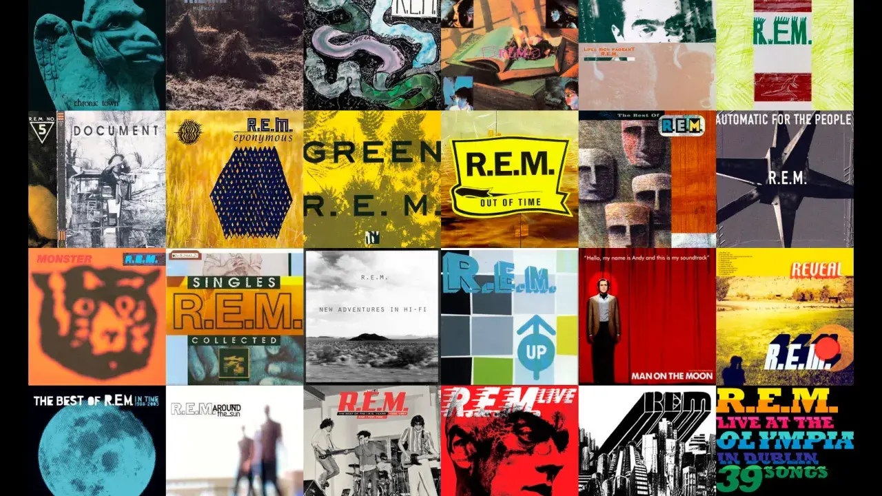 Une mosaïque d'albums de R.E.M., incluant "Out of Time", "Monster" et "Automatic for the People".