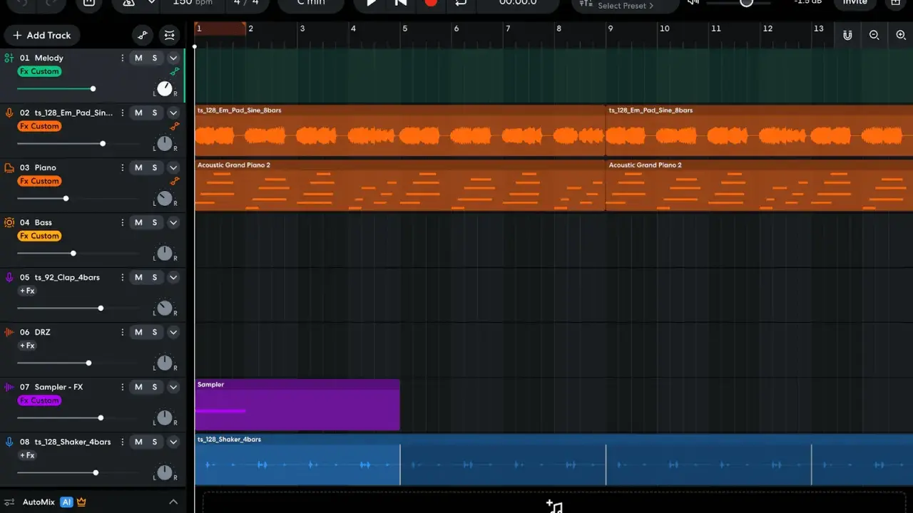 Interface de création musicale en ligne avec pistes audio et MIDI superposées, incluant des boucles de piano et de pad.