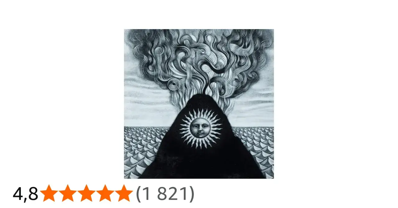 Montagne de magma gojira crachant des volutes de fumée, visage solaire au centre, sur une mer d'écailles.