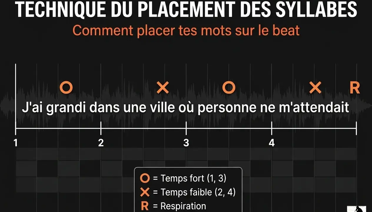 Apprendre à rapper : une illustration montre comment placer des syllabes sur un beat, avec des symboles pour les temps forts et faibles.