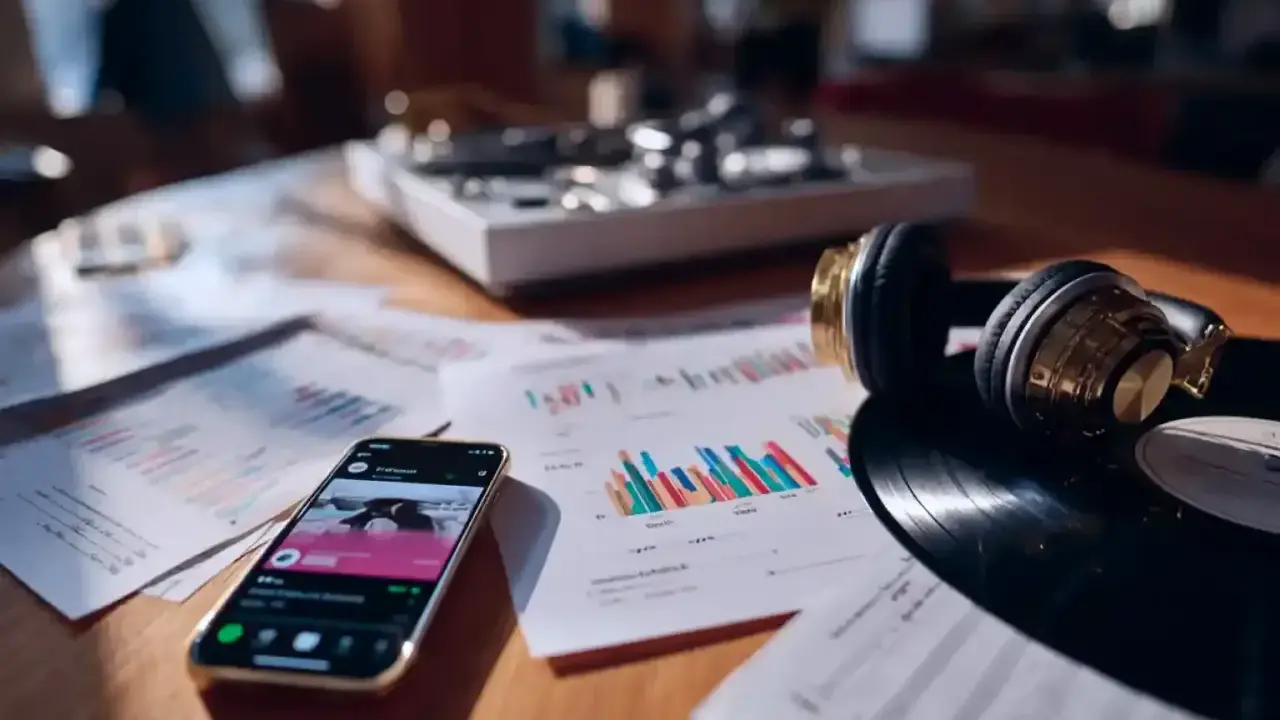 Un smartphone affiche une application musicale, des graphiques et des notes sont étalés sur une table avec un tourne-disque et des écouteurs. Cela évoque la question : c'est quoi les royalties pour les artistes ?