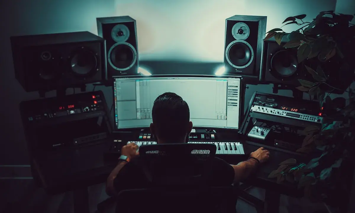 Un producteur de musique travaille dans son studio, entouré d'enceintes et d'équipements audio. Il manipule une interface logicielle, peut-être pour un projet avec un isrc code.