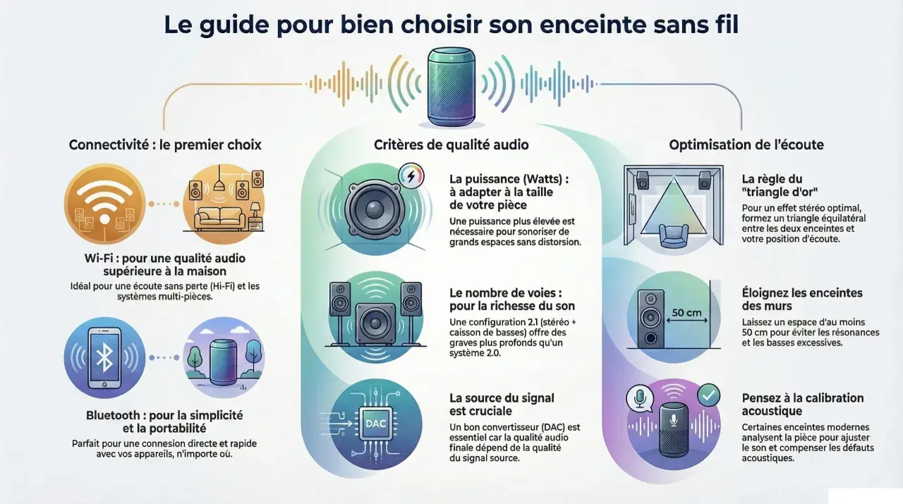 Guide pour bien choisir une enceinte : connectivité, qualité audio (puissance, voies, source), optimisation (triangle d'or, distance des murs, calibration).