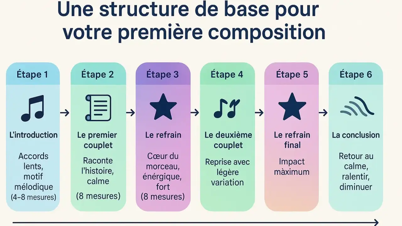Schéma de la structure d'une musique : introduction, couplets, refrains, puis conclusion. Idéal pour une première composition.