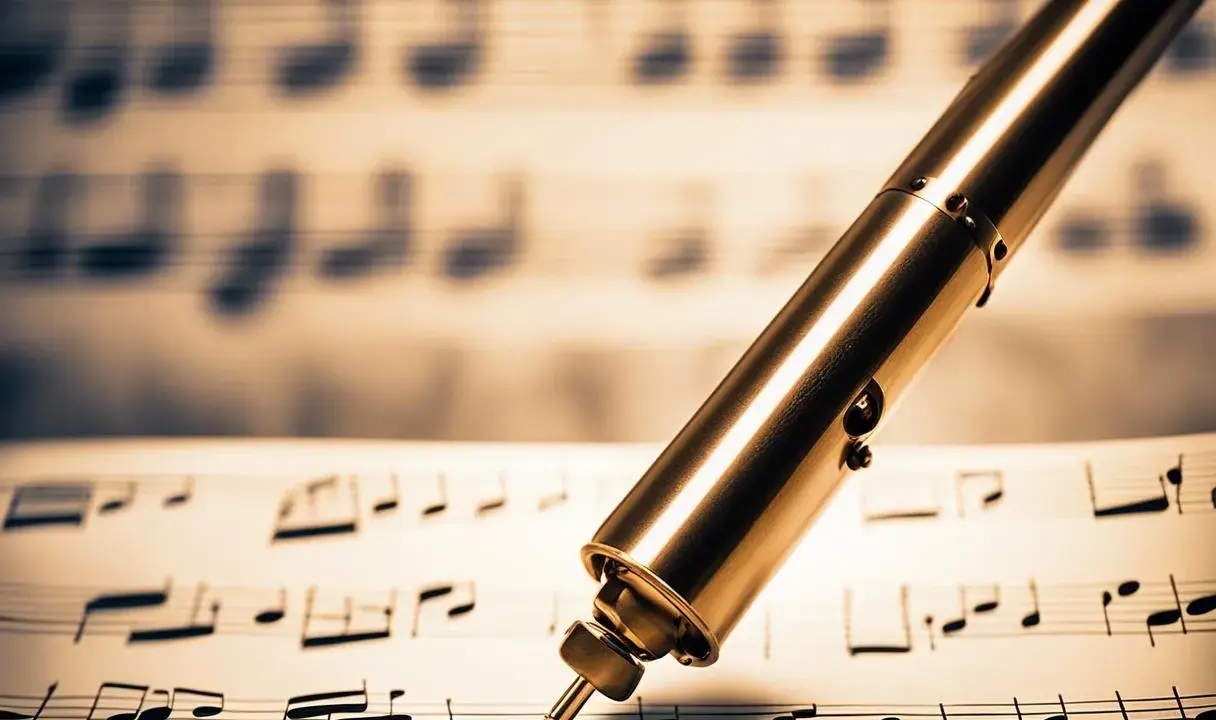 Un stylo doré sur des partitions, prêt à écrire de nouvelles ia paroles chanson.
