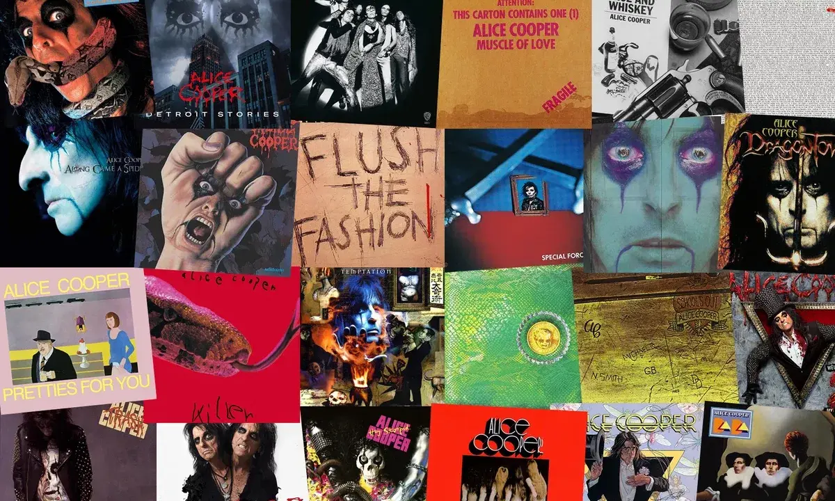 Collage d'albums d'Alice Cooper, montrant diverses pochettes d'albums iconiques.