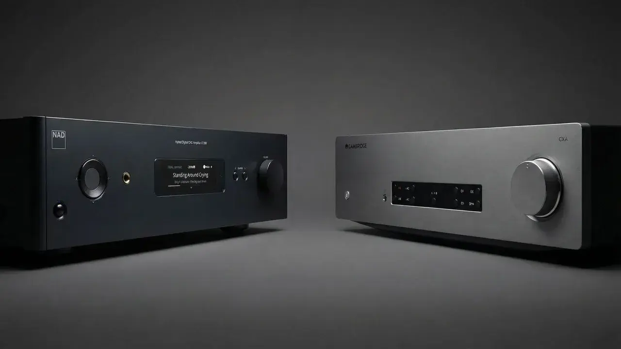 Deux amplis hi-fi, un NAD noir et un Cambridge CXA argenté, côte à côte. Avis sur ampli Cambridge CXA.
