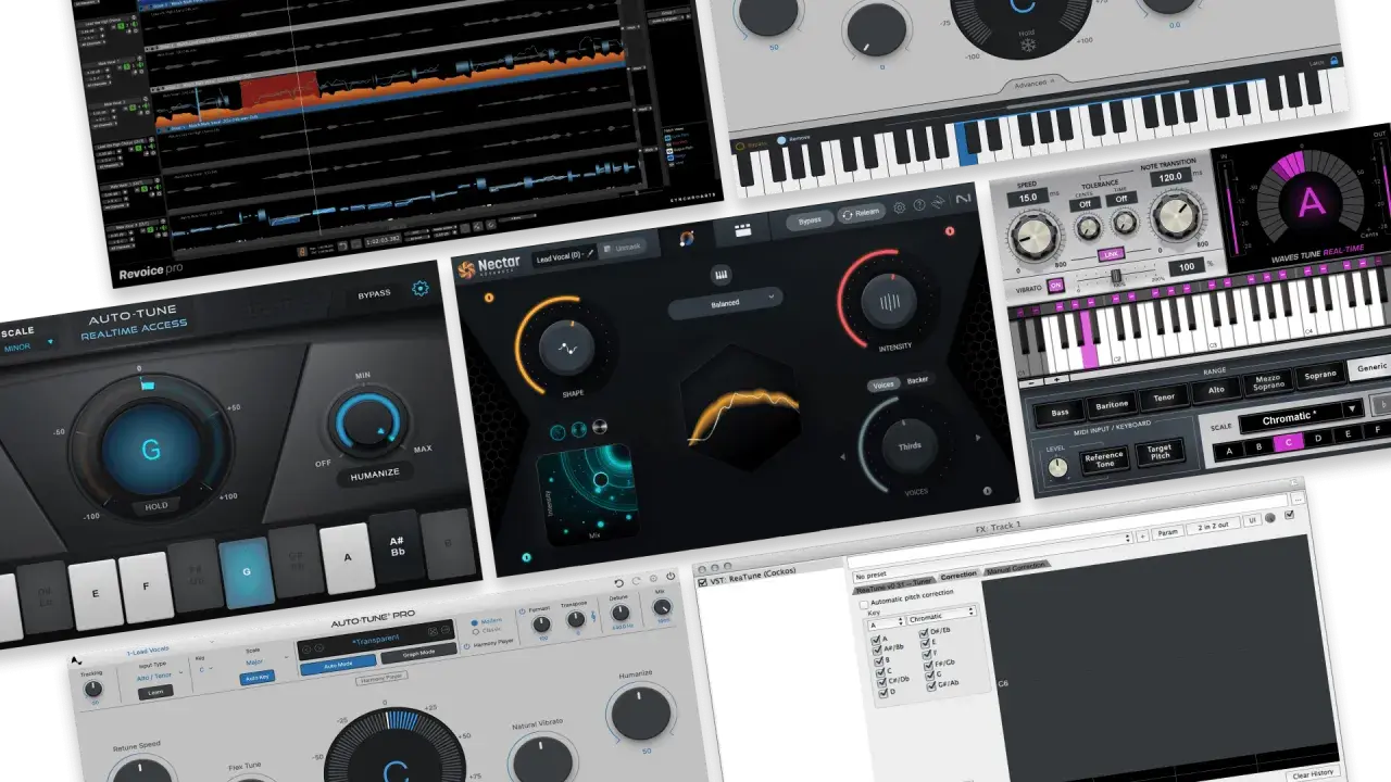 Interfaces de logiciels pour l'autotune fl studio gratuit, avec des claviers virtuels et des réglages de pitch.