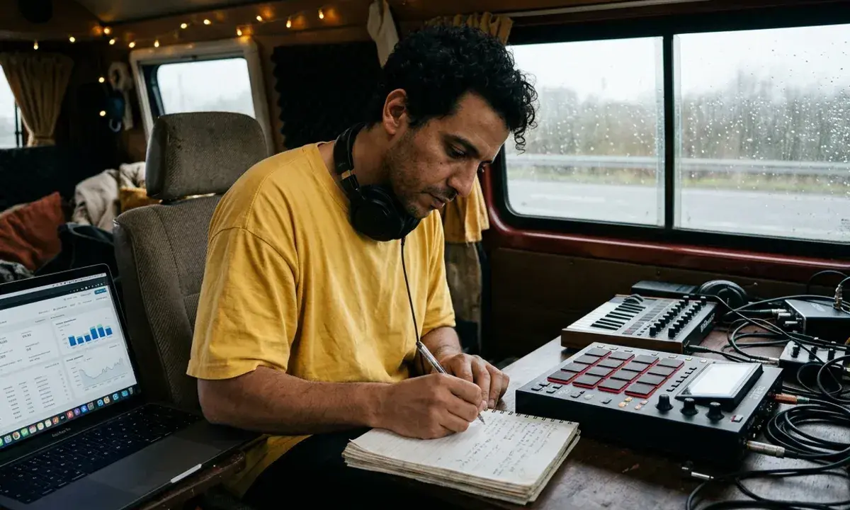 Artiste musicien, concentré sur son carnet, prépare sa demande de subvention artiste musique. Son studio mobile est prêt.