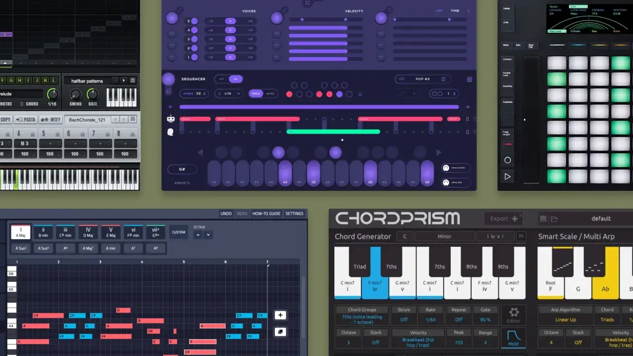Un tableau de progression d'accord, montrant des séquences musicales et des options de génération d'accords, avec des claviers virtuels et des pads lumineux.