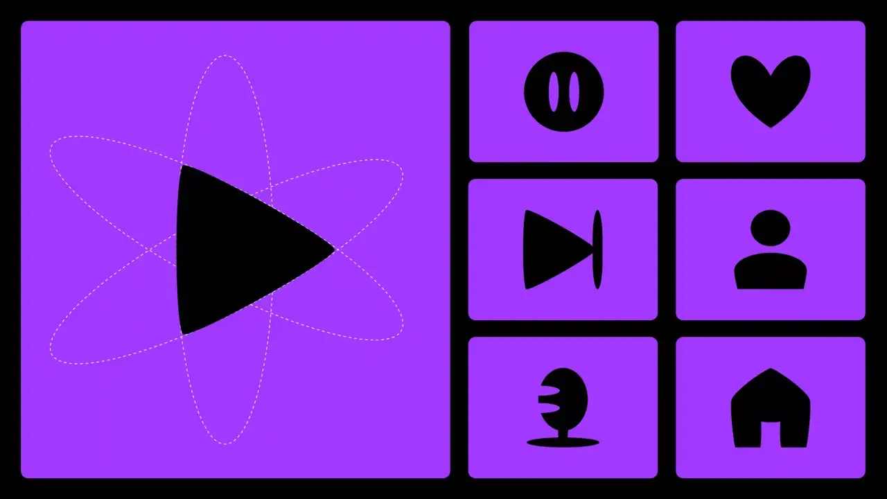 Ensemble d'icônes sur fond violet : un logo de lecture stylisé, pause, cœur, avance rapide, profil, micro et maison. Idées de design pour une application.