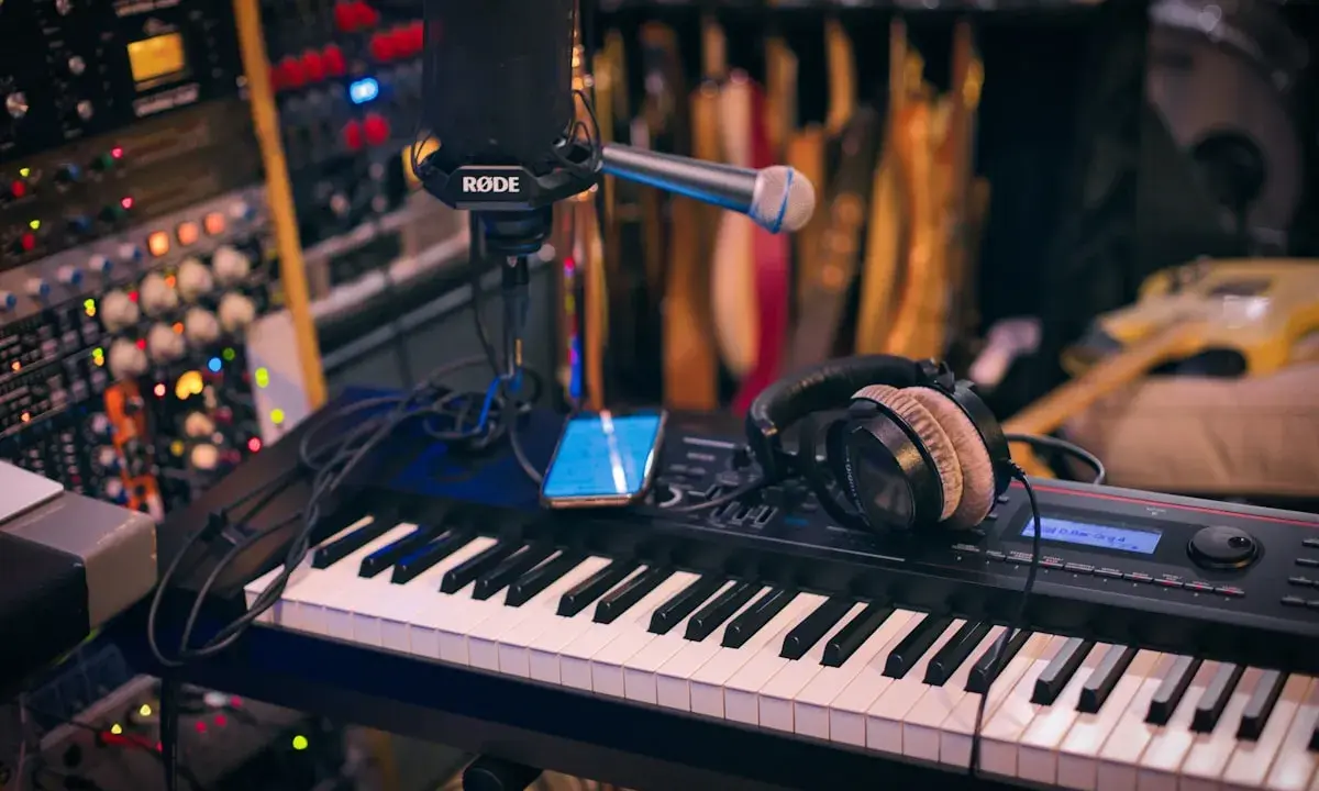 Clavier, micro, casque et smartphone sur un bureau de mixage. L'équipement parfait pour savoir comment se lancer dans la musique.
