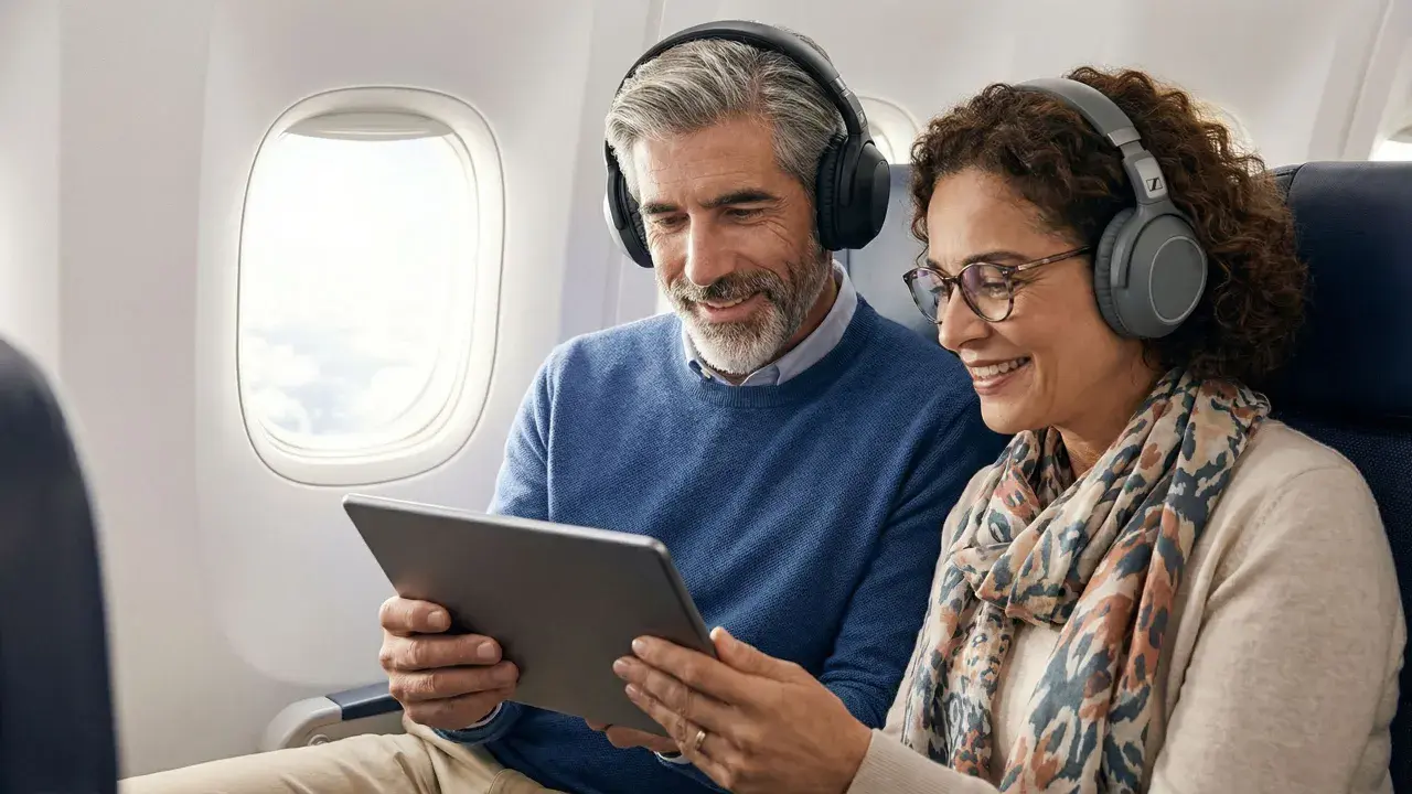 Couple souriant dans un avion, partageant une tablette et des écouteurs. Apprenez comment connecter deux appareils Bluetooth en même temps pour un voyage agréable.