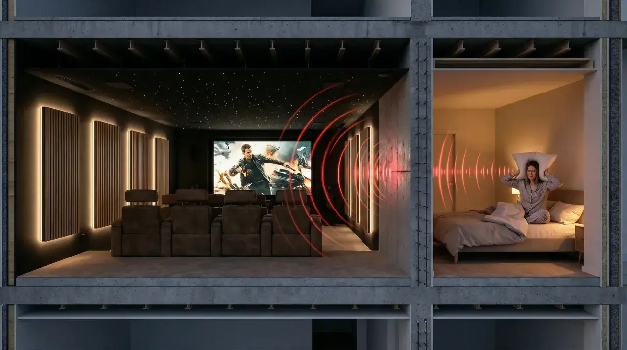 Une salle de cinéma privée avec fauteuils confortables et écran géant. À côté, une personne tente de dormir, dérangée par le bruit. Idéal pour **créer une salle de cinéma chez soi** sans déranger.