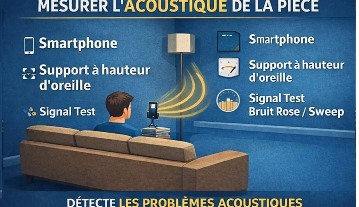 Mesure de l'acoustique d'une pièce avec un smartphone, un support et un test de signal. Optimisez votre expérience audio avec Dirac Audio.