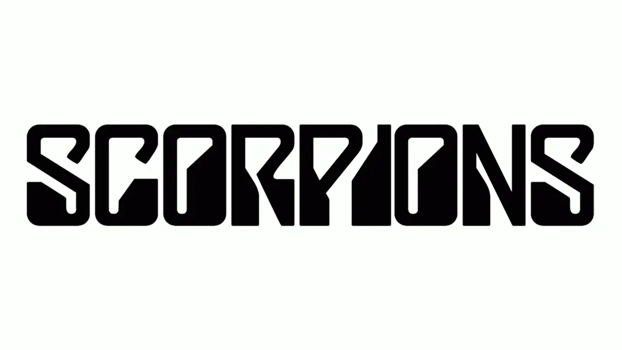 Logo noir du groupe SCORPIONS, avec des lettres stylisées et anguleuses sur fond blanc.