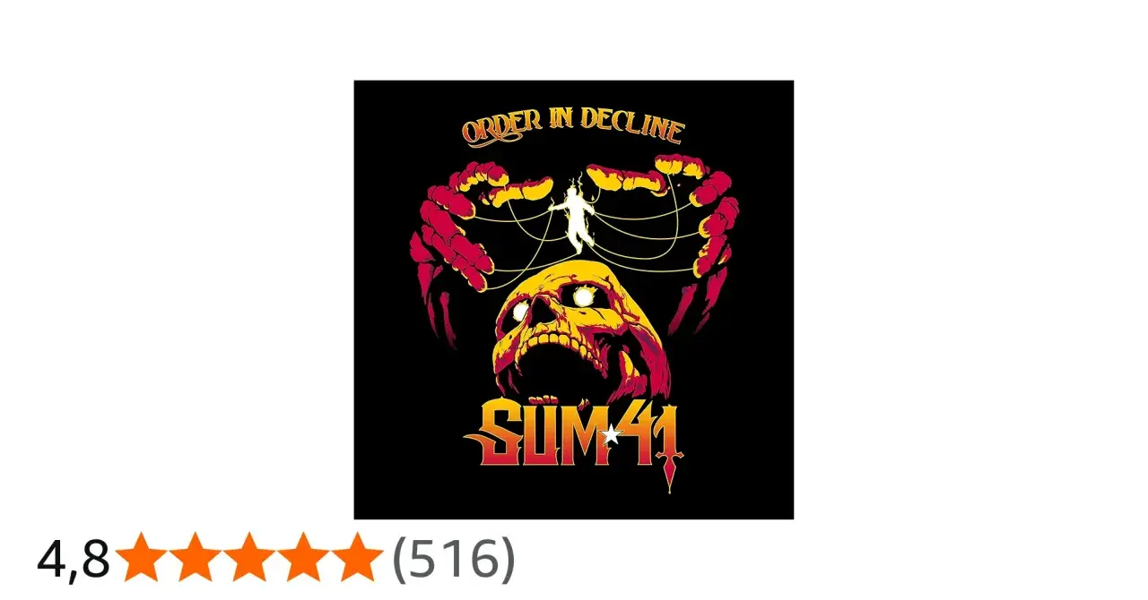 Pochette de l'album "Order in Decline" de Sum 41, avec un crâne jaune et rouge, des mains rouges et une silhouette humaine.