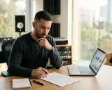 Un homme réfléchit à un contrat, entouré d'équipements de studio et d'une guitare. Il prépare le dossier de presse de son groupe de musique.