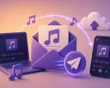 Ordinateur, smartphone, enveloppe et nuage symbolisent l'enregistrement sonore et l'édition musicale, avec des notes de musique flottant.