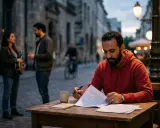 Un homme signe un contrat de distribution musique à une table en extérieur. Au loin, un couple discute, l'un tenant une guitare.
