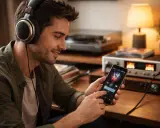 Un homme souriant écoute de la musique avec un casque, naviguant sur son téléphone pour promouvoir sa musique gratuitement.