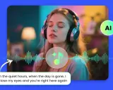 Jeune femme écoutant de la musique avec des écouteurs, symbolisant un générateur de musique IA. Ondes sonores et note de musique stylisée.