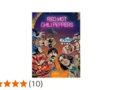 Illustration des Red Hot Chili Peppers, avec le nom du groupe en néon. Les membres sont représentés de manière stylisée, avec des palmiers en arrière-plan.