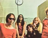 Cinq membres des Flamin' Groovies posent dans un studio. L'un d'eux porte des lunettes de soleil et un t-shirt orange.