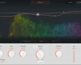 Interface de contrôle pour la **reverb définition musique**. Graphique de fréquence avec des points colorés et des curseurs pour ajuster les paramètres d'effet.