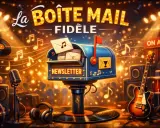 Boîte aux lettres "La Boîte Mail Fidèle" remplie de lettres, sur fond de scène musicale avec guitare, vinyles et notes de musique.
