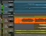Dans ce meilleur DAW, des pistes de cordes, de voix principales et d'accompagnement sont visibles, avec des formes d'onde audio et des réglages de volume.