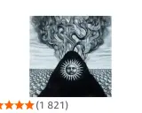 Montagne de magma gojira crachant des volutes de fumée, visage solaire au centre, sur une mer d'écailles.