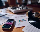 Un smartphone affiche une application musicale, des graphiques et des notes sont étalés sur une table avec un tourne-disque et des écouteurs. Cela évoque la question : c'est quoi les royalties pour les artistes ?